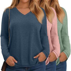 3 Pack Women's Plus Size V Neck Long Sleeve T-Shirts Casual Fit